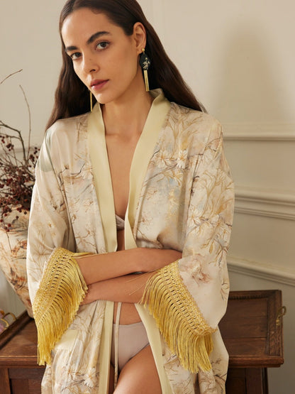 Gold Eastern Floral Vase Kimono Robe with Pockets | Daily Health & Beauty