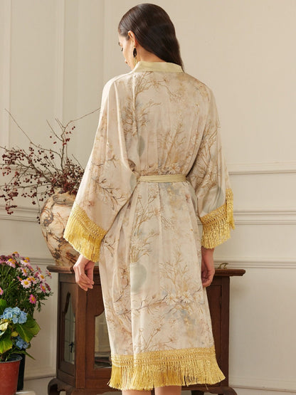 Gold Eastern Floral Vase Kimono Robe with Pockets | Daily Health & Beauty