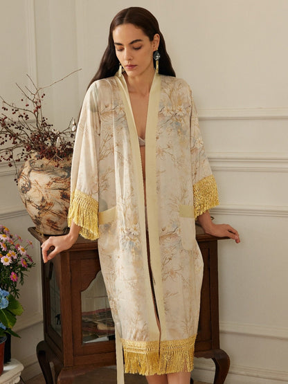 Gold Eastern Floral Vase Kimono Robe with Pockets | Daily Health & Beauty