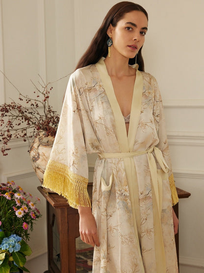 Gold Eastern Floral Vase Kimono Robe with Pockets | Daily Health & Beauty