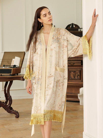 Gold Eastern Floral Vase Kimono Robe with Pockets | Daily Health & Beauty
