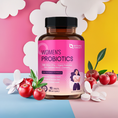 Women's Probiotics 100B CFUs, 21 Strains + Cranberry & D-Mannose + Skin Hydration Blend + Organic Prebiotics, Cranberry Flavor, 90 Tablets