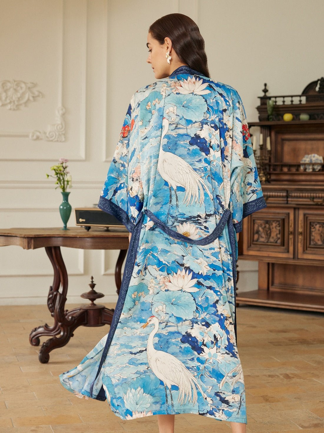 Graceful Lotus & Crane Kimono Robe with Pockets | Daily Health & Beauty