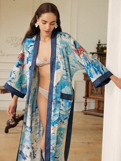 Graceful Lotus & Crane Kimono Robe with Pockets | Daily Health & Beauty