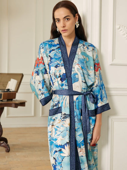 Graceful Lotus & Crane Kimono Robe with Pockets | Daily Health & Beauty