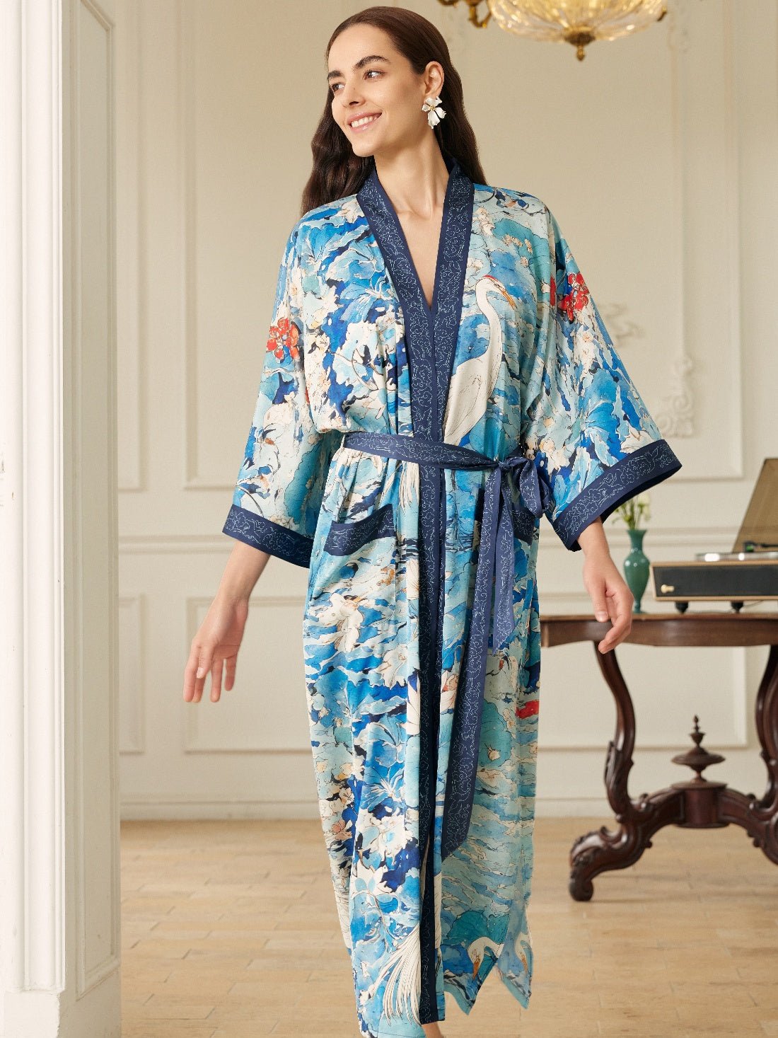Graceful Lotus & Crane Kimono Robe with Pockets | Daily Health & Beauty