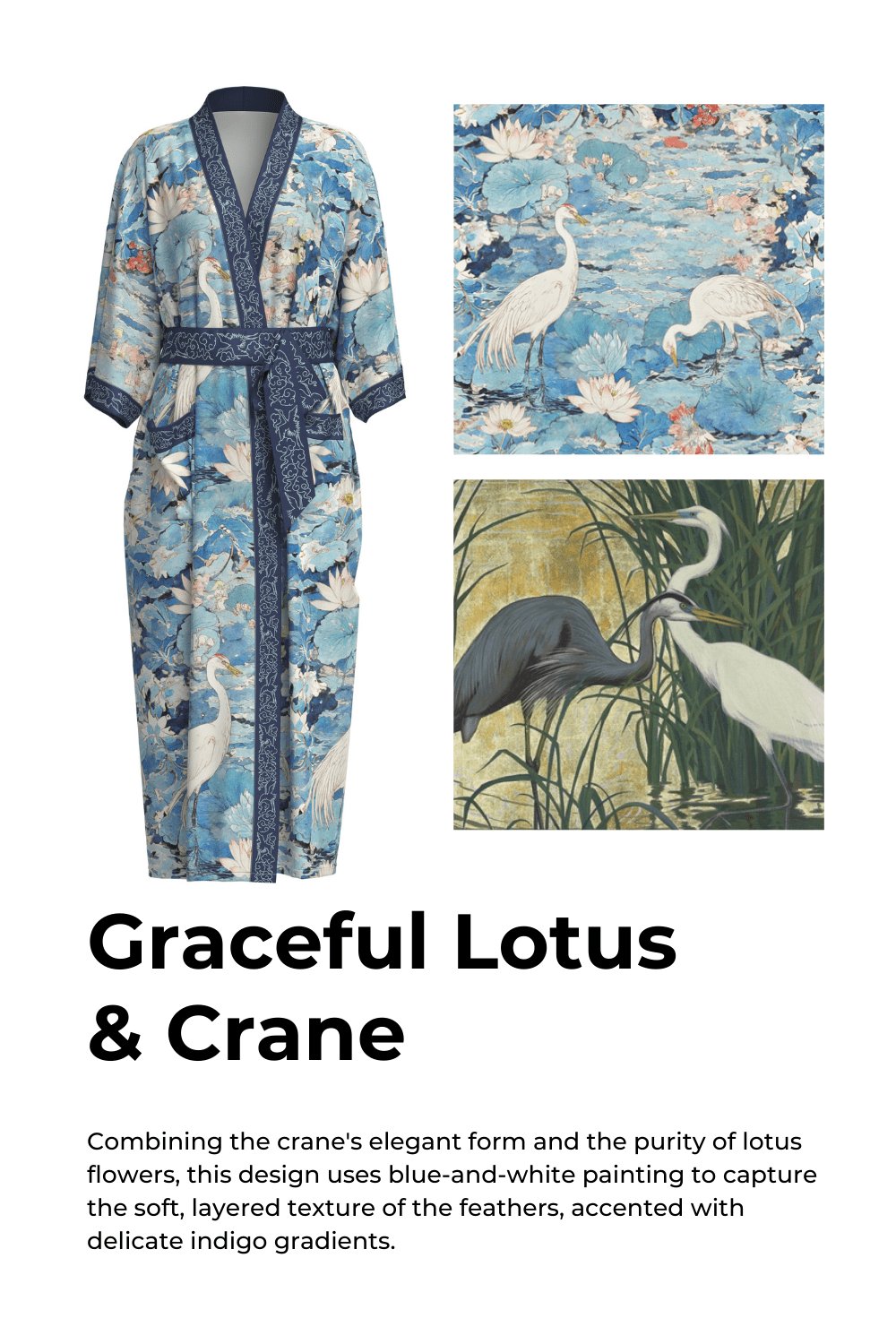 Graceful Lotus & Crane Kimono Robe with Pockets | Daily Health & Beauty