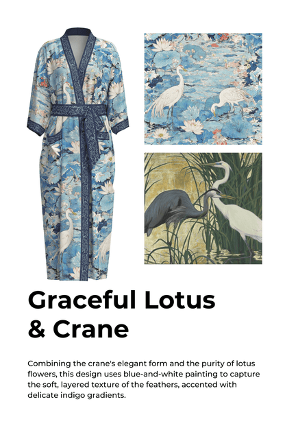 Graceful Lotus & Crane Kimono Robe with Pockets | Daily Health & Beauty