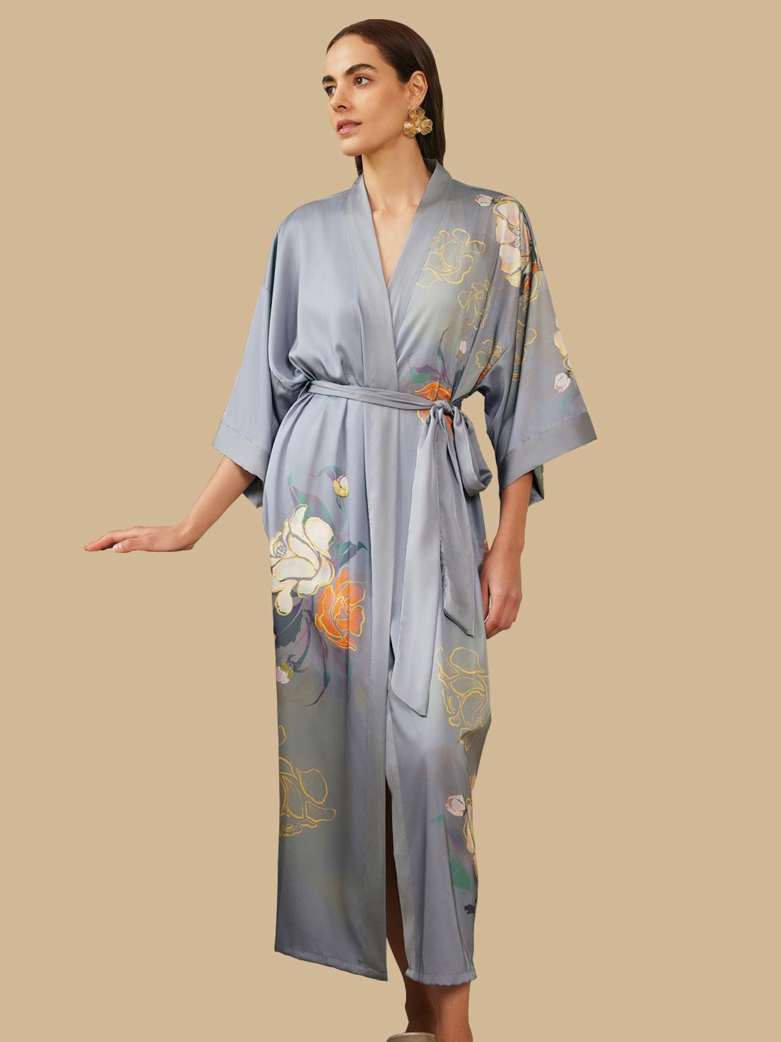 Gray Floral Gold - Print Long Kimono Robe | Daily Health & Beauty