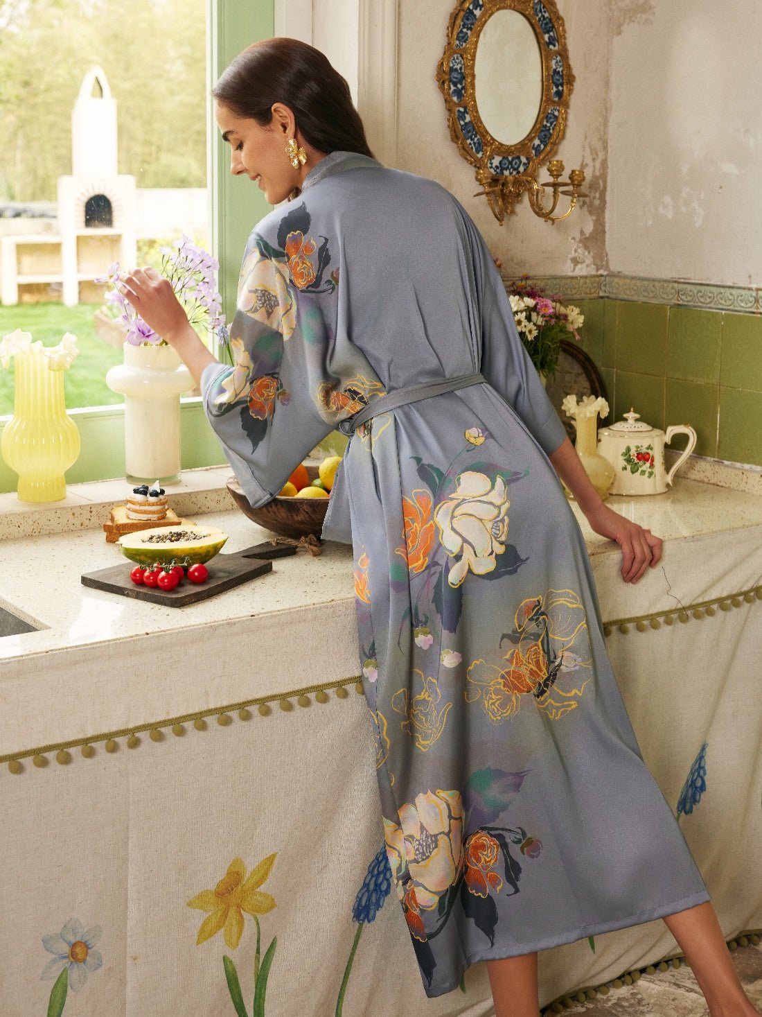 Gray Floral Gold - Print Long Kimono Robe | Daily Health & Beauty