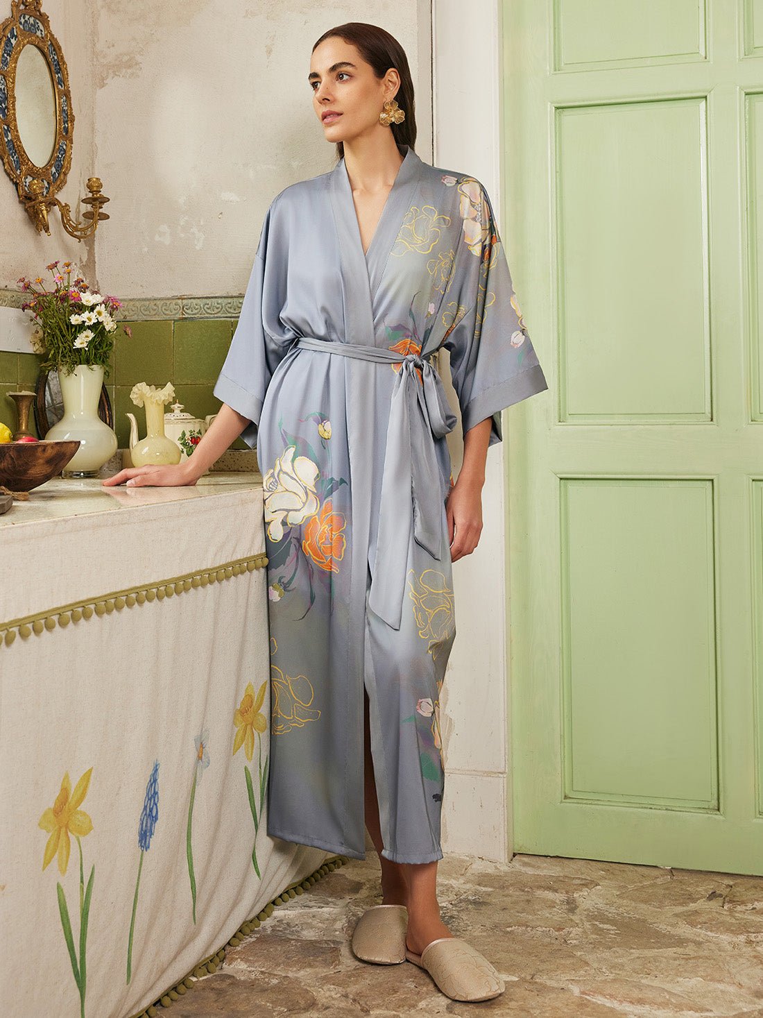 Gray Floral Gold - Print Long Kimono Robe | Daily Health & Beauty