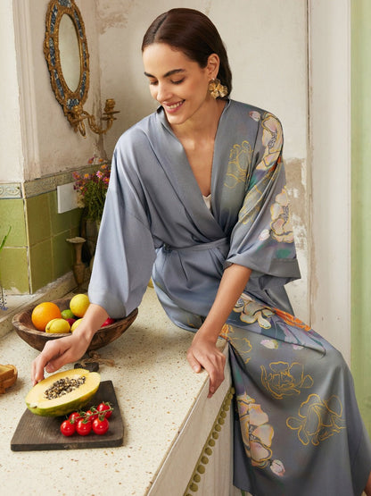 Gray Floral Gold - Print Long Kimono Robe | Daily Health & Beauty
