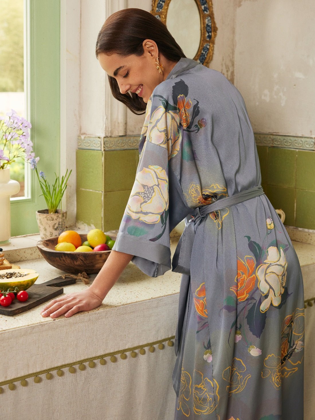 Gray Floral Gold - Print Long Kimono Robe | Daily Health & Beauty