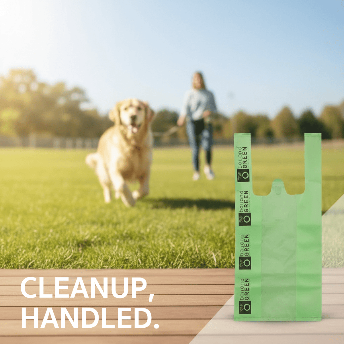 Green Dog Waste Bags – 8" x 16" with 5" Gusset & Handles – Made in USA