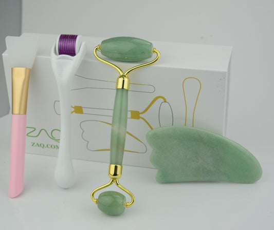 Jade Facial Roller, Gua Sha, Brush and DERMA ROLLER Set