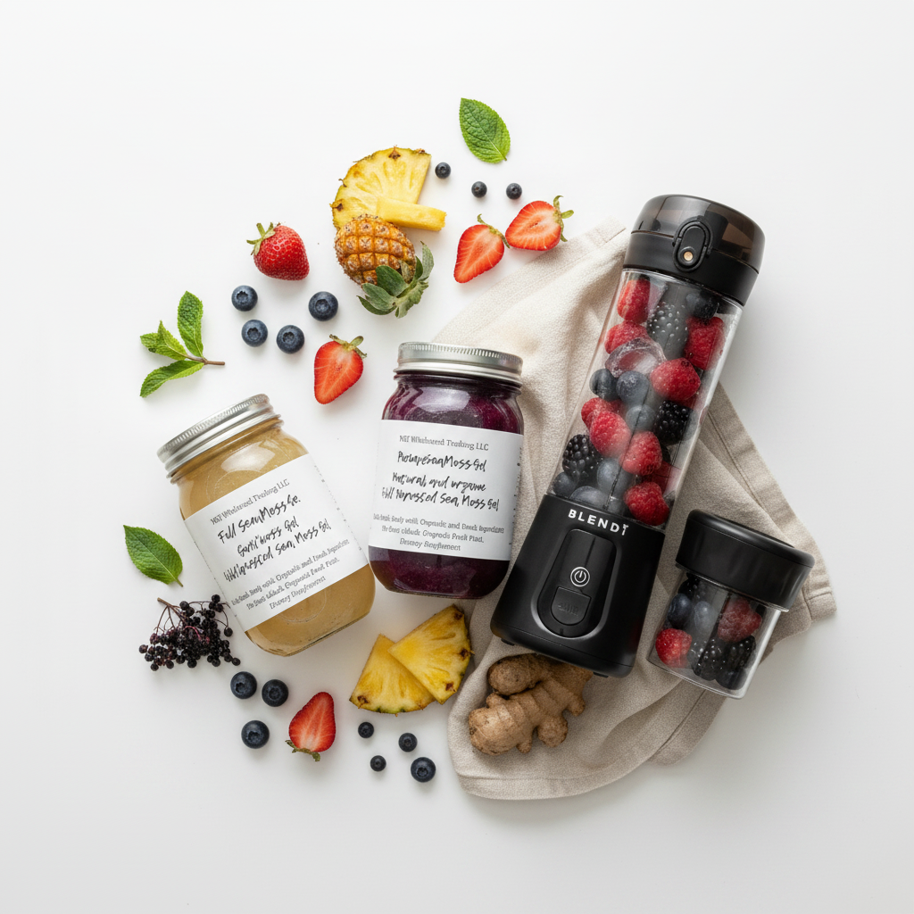 Organic Pure Sea Moss Gel Bundle + BLENDi Pro+ Ice Crushing Portable Blender 17oz — Gold Purple Full Spectrum sea moss jars