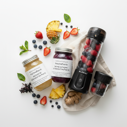Organic Pure Sea Moss Gel Bundle + BLENDi Pro+ Ice Crushing Portable Blender 17oz — Gold Purple Full Spectrum sea moss jars