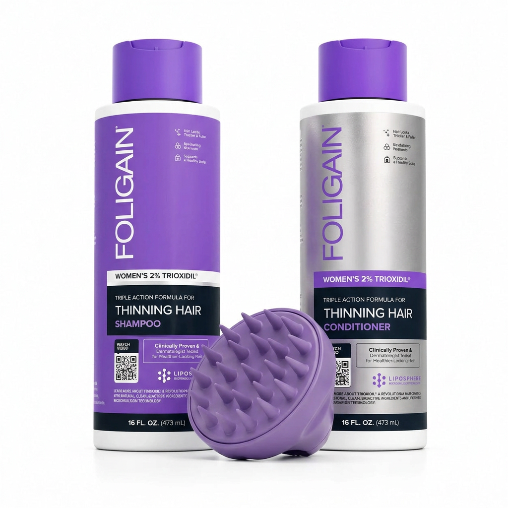 FOLIGAIN women's 473 mL shampoo and conditioner with a purple silicone scalp massager displaying its bristles.