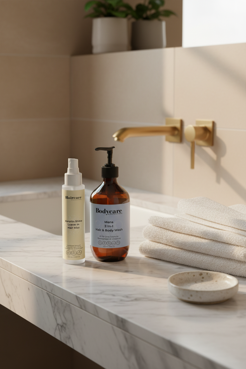 Keratin Shine Leave-In Hair Mist and Mens 2-In-1 Hair & Body Wash bundle on a marble bathroom counter beside a folded towel — men's keratin frizz control and daily cleansing set by Daily Health & Beauty