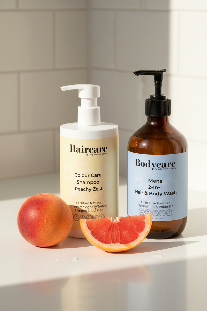 Colour Care Shampoo Peachy Grapefruit Zest and Mens 2-in-1 Hair & Body Wash side by side on a white bathroom counter with grapefruit and peach — colour care and grooming bundle by Daily Health & Beauty