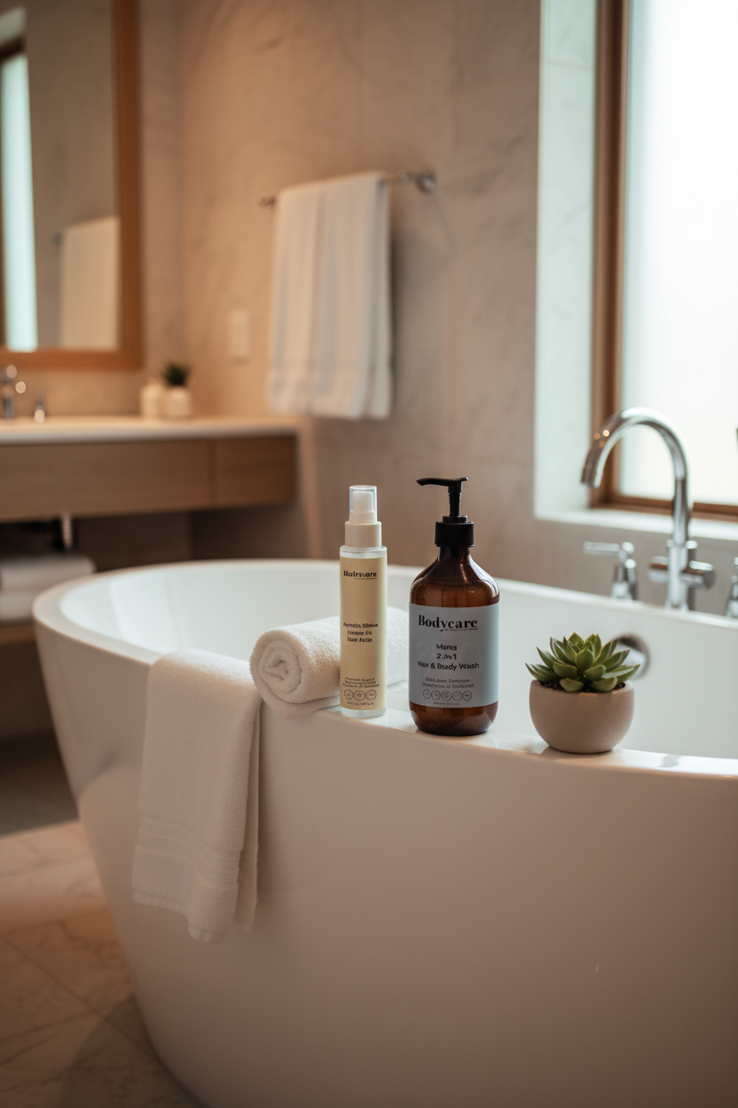 Keratin Shine Leave-In Mist and Mens 2-In-1 Hair & Body Wash resting on the edge of a freestanding soaking tub with a plant and towel — men's shine and grooming bundle by Daily Health & Beauty
