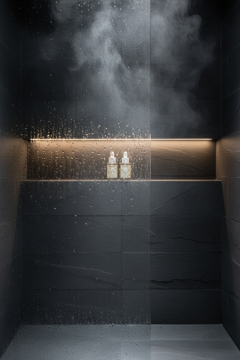 Scalp Care Exfoliating Serum and Rosemary Hair & Scalp Oil on a dark slate shower niche shelf with steam and water droplets — exfoliate and nourish scalp bundle by Daily Health & Beauty