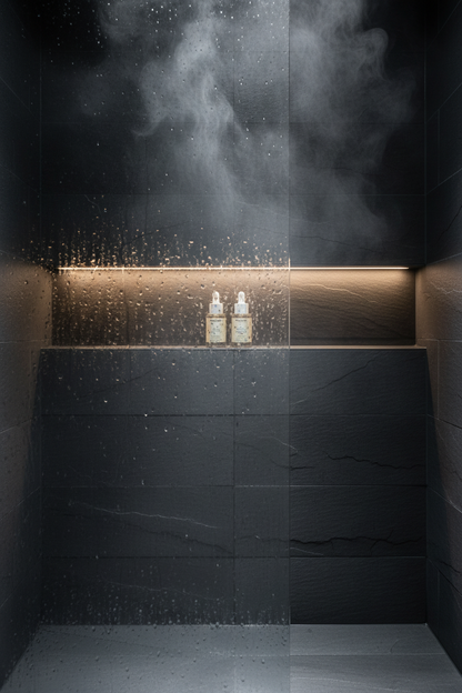 Scalp Care Exfoliating Serum and Rosemary Hair & Scalp Oil on a dark slate shower niche shelf with steam and water droplets — exfoliate and nourish scalp bundle by Daily Health & Beauty