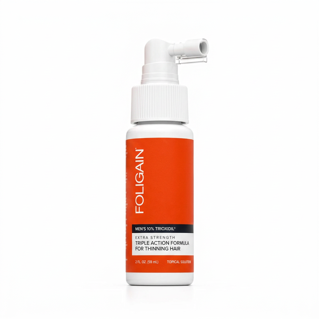 FOLIGAIN men's 10% TRIOXIDIL Complete Formula 59 mL bottle with white angled spray applicator.