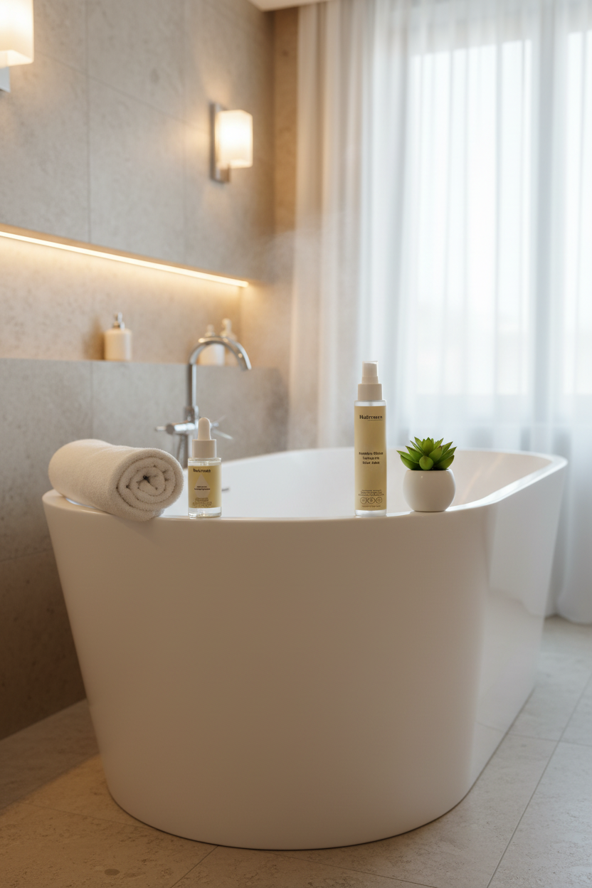 Scalp Care Exfoliating Serum and Keratin Shine Leave-In Mist on the edge of a freestanding bathtub with a towel and plant — scalp health and frizz control bundle by Daily Health & Beauty