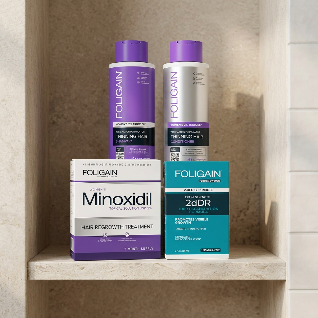 FOLIGAIN women's minoxidil, 2dDR serum, shampoo and conditioner arranged on a neutral stone bathroom shelf.