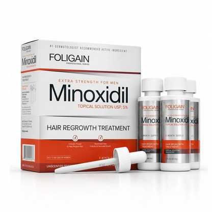 FOLIGAIN men's 5% minoxidil three-month supply with retail carton, three bottles and a dropper.