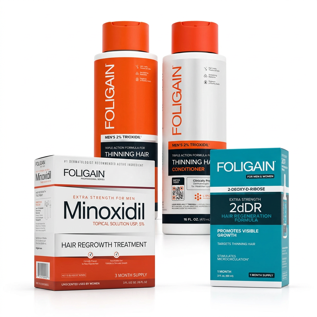 FOLIGAIN men's shampoo and conditioner behind closed boxes of 5% minoxidil and teal 2dDR serum on white.