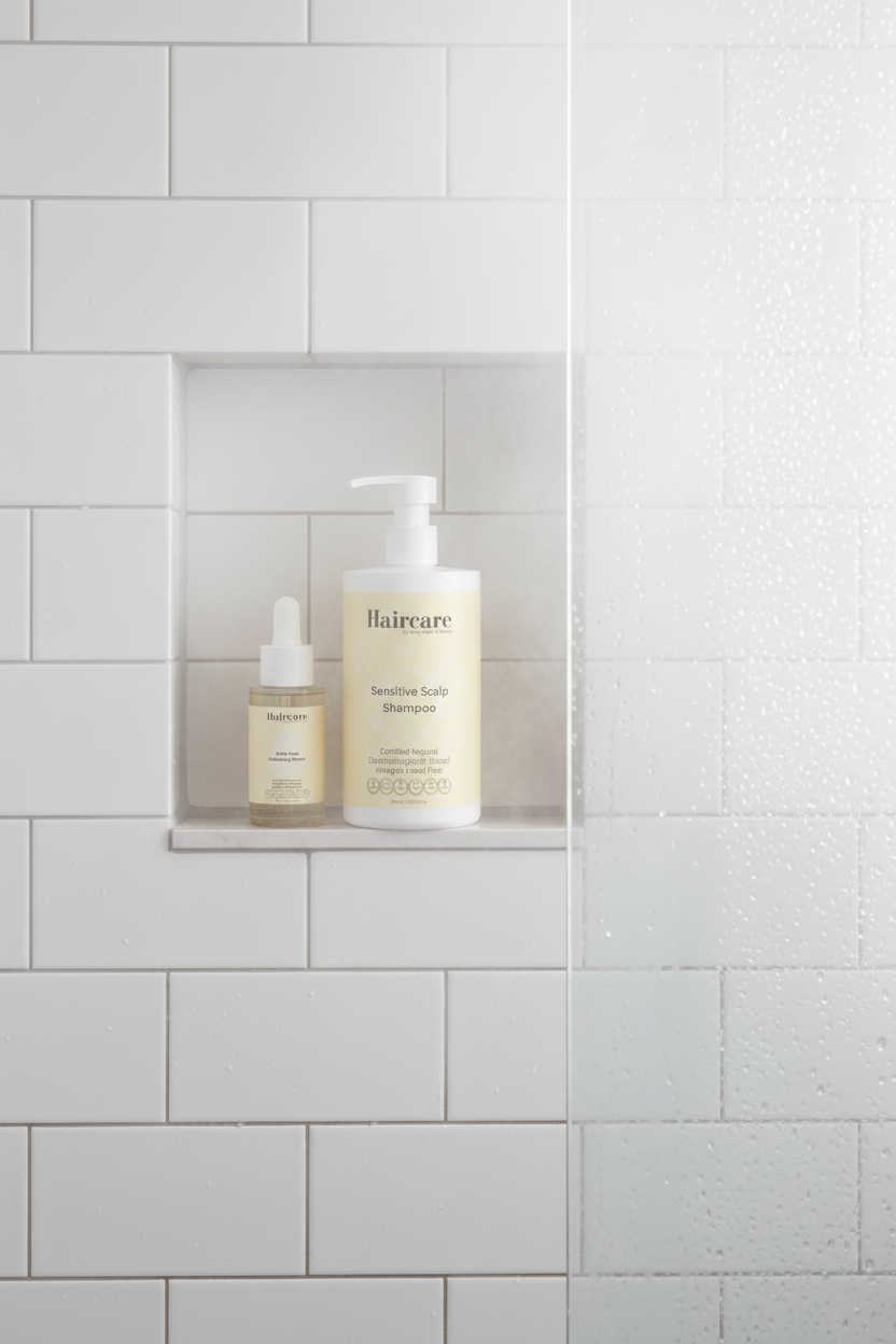 Scalp Care Exfoliating Serum and Sensitive Scalp Shampoo on a recessed shower niche shelf in a white subway tile shower — gentle scalp exfoliation and irritant-free shampoo bundle by Daily Health & Beauty