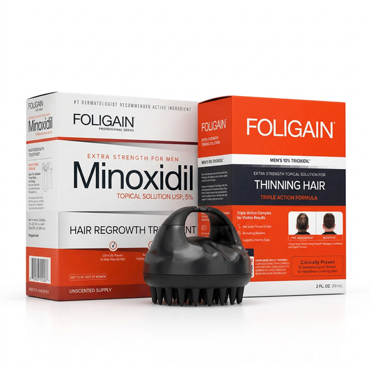 Boxed men's minoxidil and TRIOXIDIL formulas beside a black silicone scalp massager.
