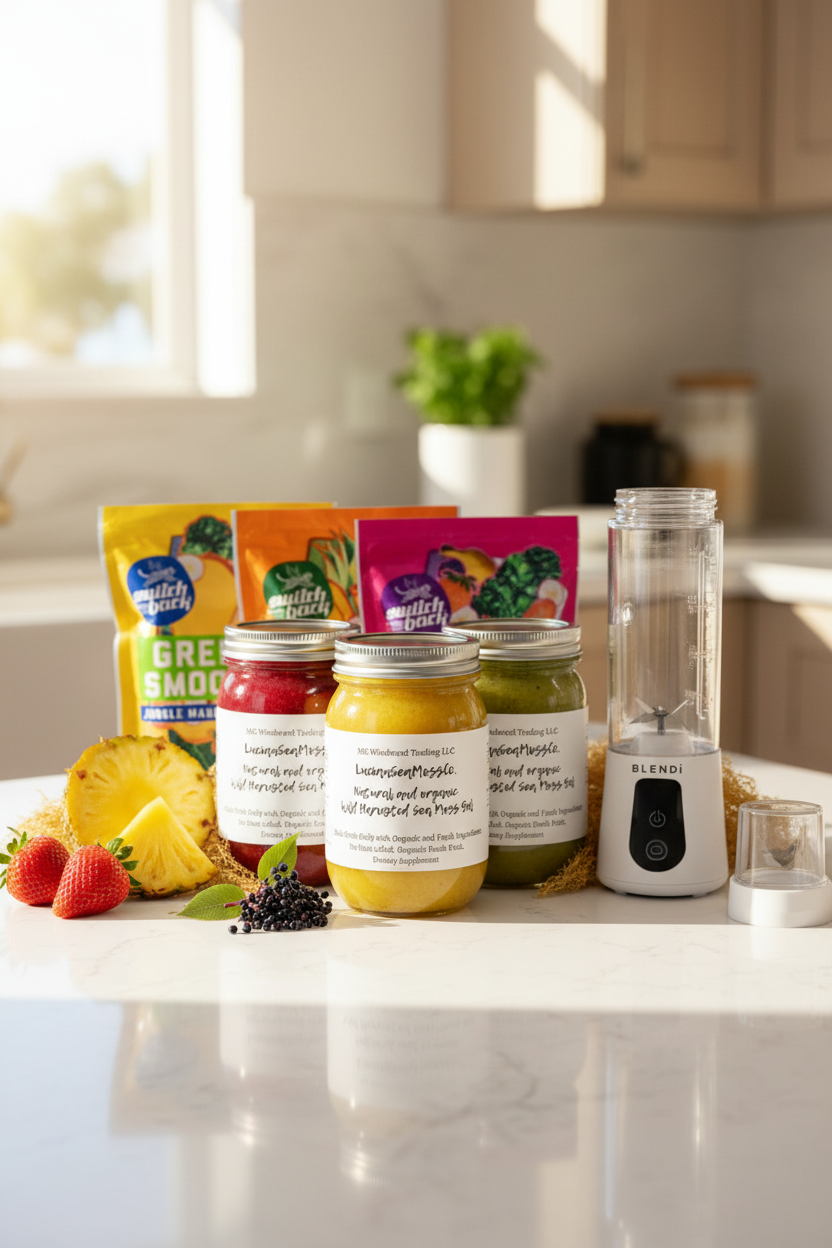 Seamoss Global fruit infused sea moss gel jars, BLENDi Pro+ portable blender, and Switchback Foods smoothie pouches on a kitchen counter with fresh pineapple, strawberries and elderberries — sea moss blender and smoothie wellness bundle by Daily Health & Beauty
