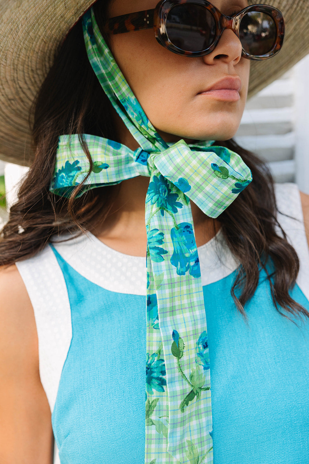 Hollyhock Sun Hat - Long & Thin Blue Gingham Ribbon with Wood Nautical Toggle