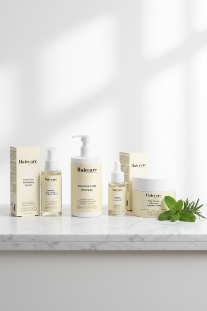 Scalp Care Exfoliating Serum, Sensitive Scalp Shampoo, Rosemary Hair Oil and Deep Cleanse Scalp Scrub arranged in a uniform row on a white marble counter with rosemary and mint — complete 4-step sensitive scalp care bundle by Daily Health & Beauty