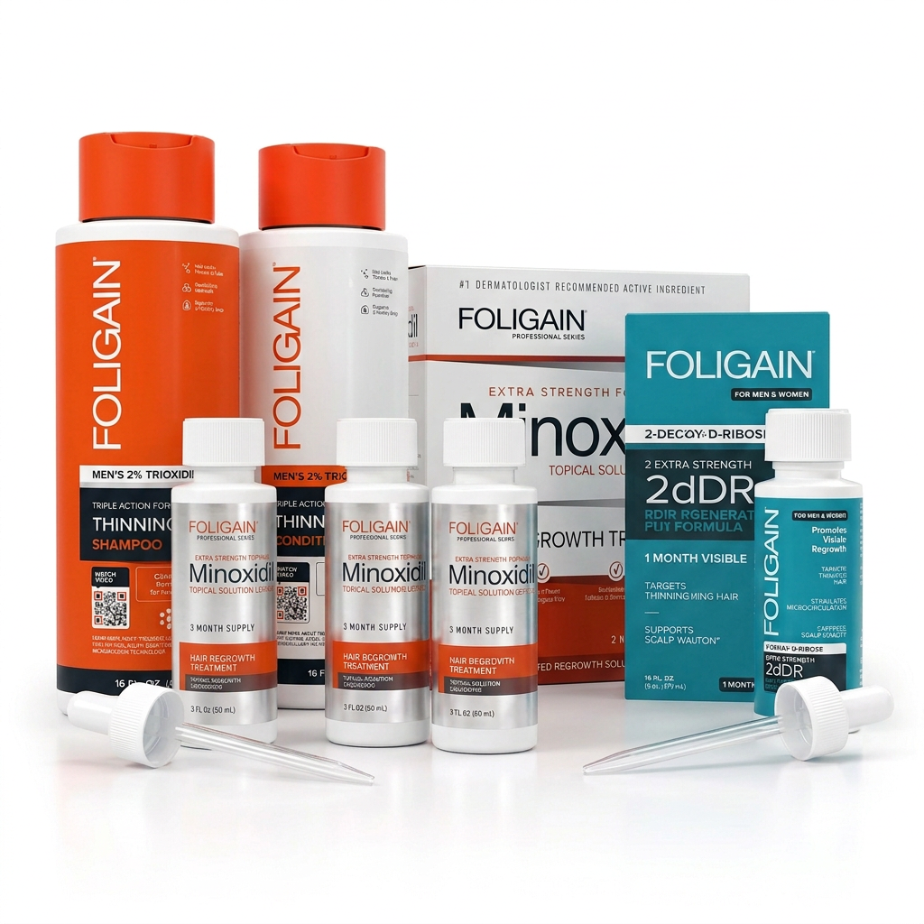 FOLIGAIN men's hair care bundle with shampoo, conditioner, three minoxidil bottles, one teal 2dDR bottle, both cartons and two droppers.
