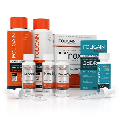 FOLIGAIN men's hair care bundle with shampoo, conditioner, three minoxidil bottles, one teal 2dDR bottle, both cartons and two droppers.