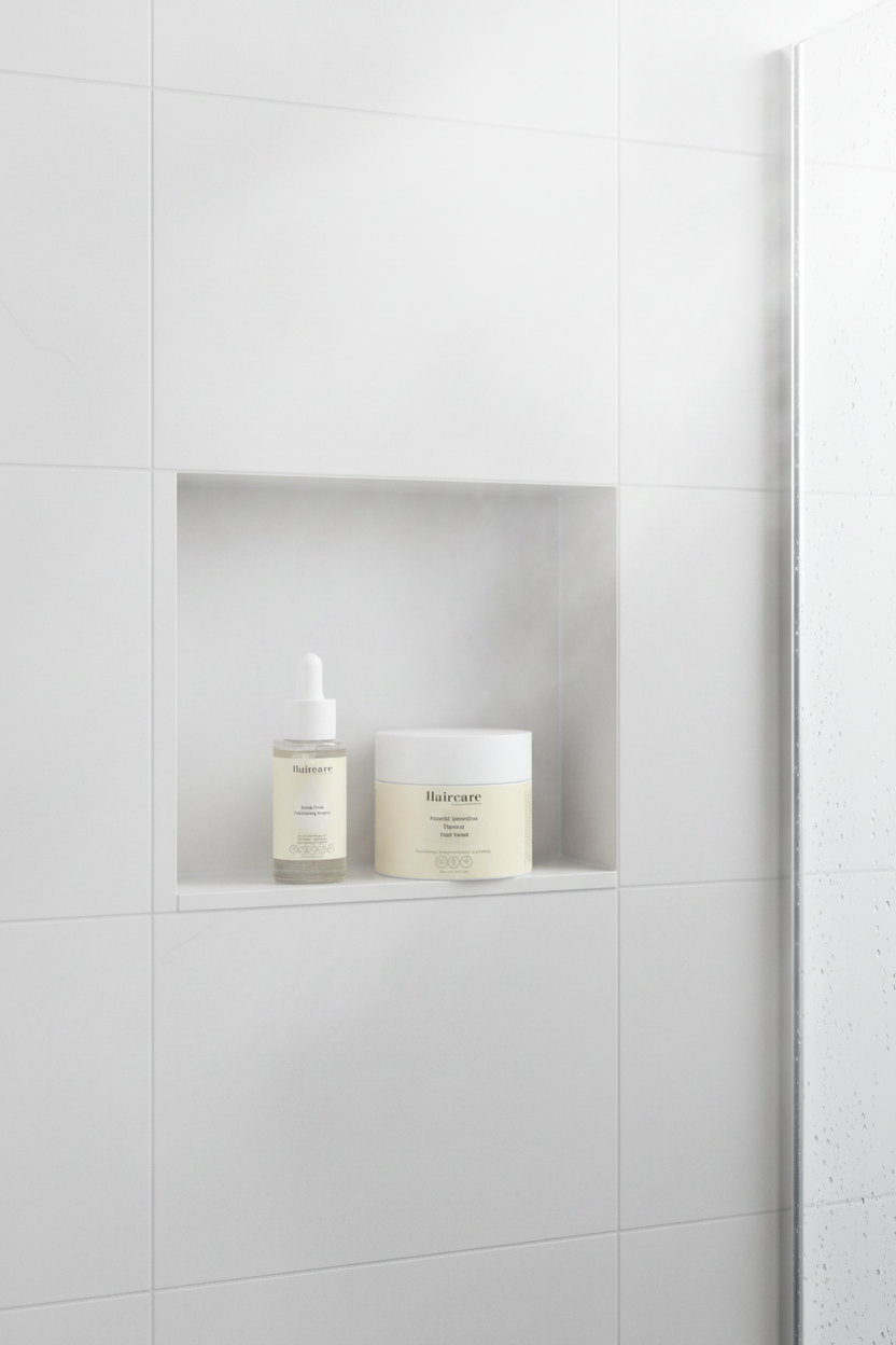 Scalp Care Exfoliating Serum and Keratin Intensive Rescue Hair Mask on a white tile shower niche shelf with steam and water droplets — scalp and hair repair bundle by Daily Health & Beauty