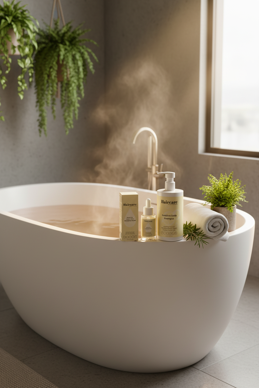 Scalp Care Exfoliating Serum, Sensitive Scalp Shampoo and Rosemary Oil on the edge of a freestanding bathtub with a towel and rosemary sprig — 3-step sensitive scalp routine bundle by Daily Health & Beauty