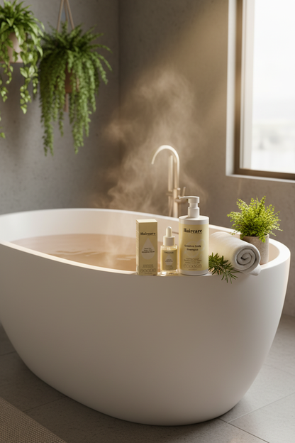 Scalp Care Exfoliating Serum, Sensitive Scalp Shampoo and Rosemary Oil on the edge of a freestanding bathtub with a towel and rosemary sprig — 3-step sensitive scalp routine bundle by Daily Health & Beauty