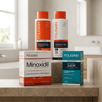 FOLIGAIN men's shampoo and conditioner behind minoxidil and teal 2dDR serum cartons on a neutral stone bathroom shelf.