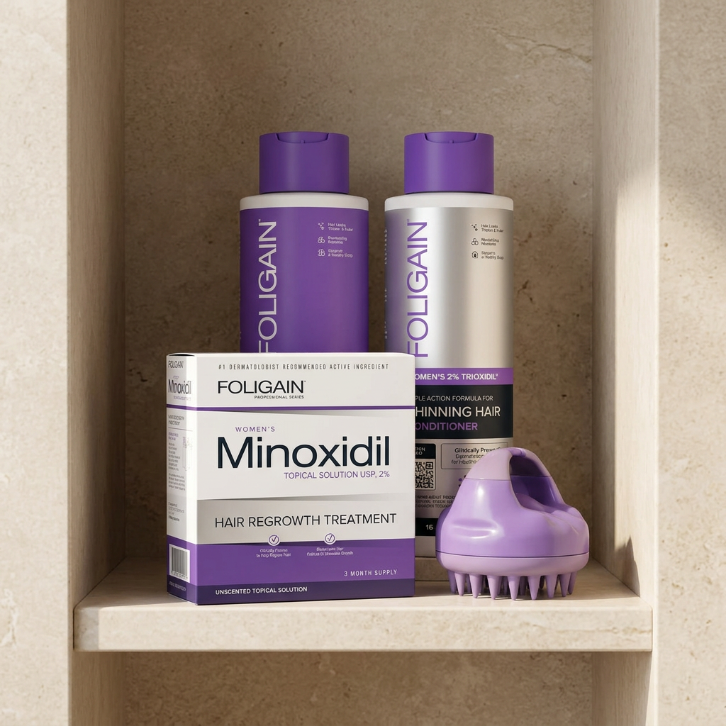 FOLIGAIN women's minoxidil, shampoo, conditioner and purple scalp massager arranged on a neutral stone bathroom shelf.