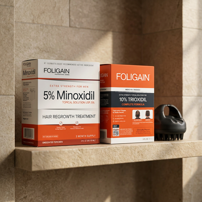 Boxed men's minoxidil and TRIOXIDIL products with black scalp massager on neutral bathroom shelf.