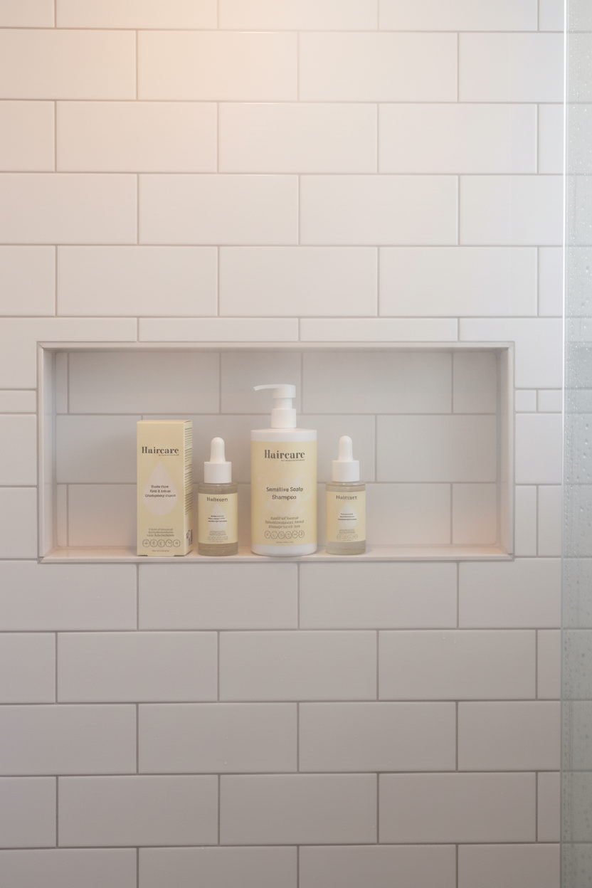 Scalp Care Exfoliating Serum, Sensitive Scalp Shampoo and Rosemary Hair Oil lined up on a white subway tile shower niche shelf — exfoliate cleanse nourish scalp bundle by Daily Health & Beauty