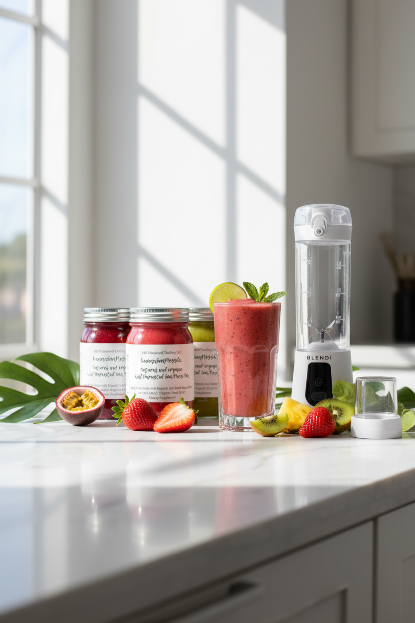 Sea moss gel jars and BLENDi Pro+ portable blender on a white marble kitchen counter with a tropical smoothie and fresh fruit — sea moss and blender wellness bundle by Daily Health & Beauty