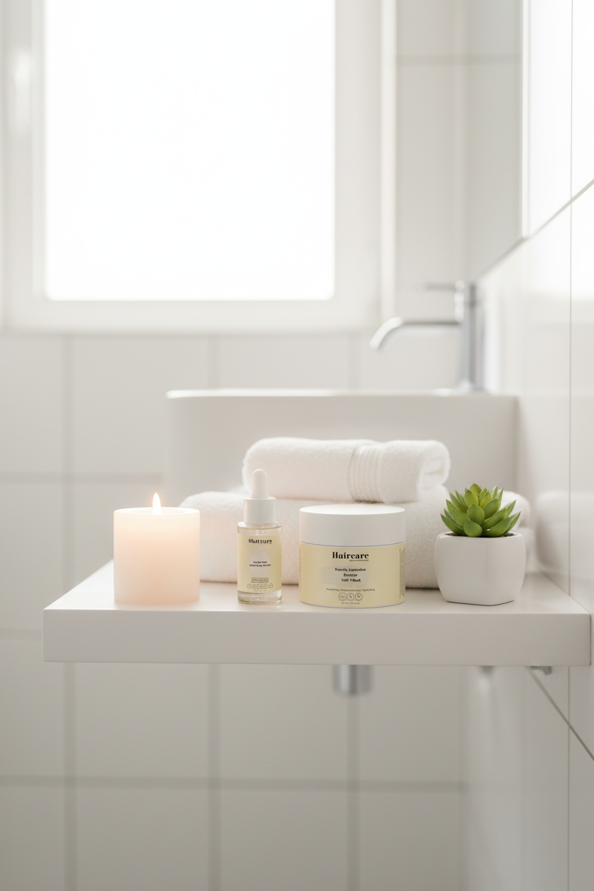 Scalp Care Exfoliating Serum and Keratin Hair Mask styled on white floating bathroom shelves with a candle, plant and towels — premium scalp and keratin hair care bundle by Daily Health & Beauty