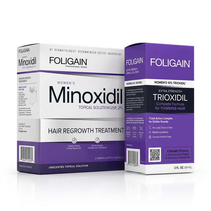FOLIGAIN women's treatment duo with closed cartons of 2% minoxidil three-month supply and 10% TRIOXIDIL Complete Formula.