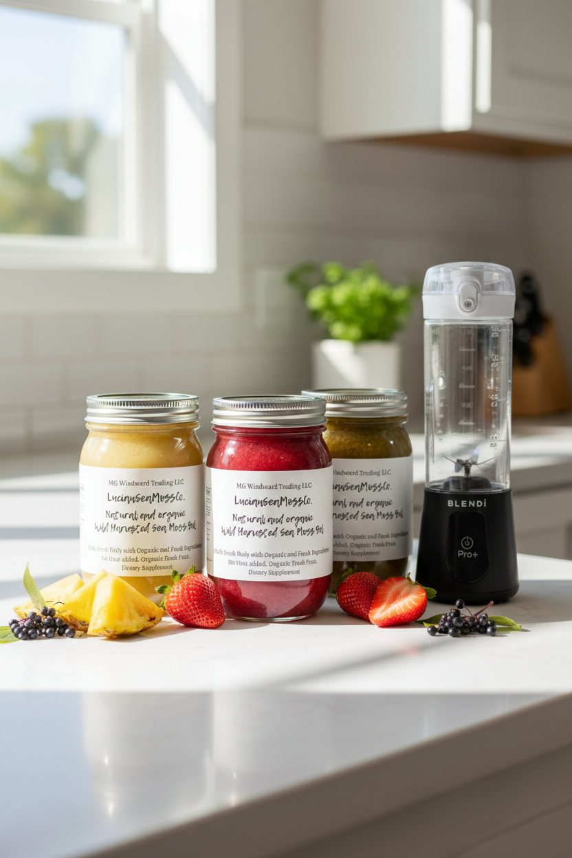Seamoss Global Fruit Infused Best Seller Sea Moss Gel Bundle jars and BLENDi Pro+ portable blender on a kitchen counter with fresh pineapple, strawberries and elderberries — sea moss smoothie bundle by Daily Health & Beauty